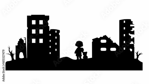 Silhouette of child and teddy bear in a destroyed city landscape with ruined buildings and dead trees | editable eps vectors