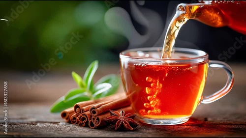Hot herbal tea being poured into a clear glass cup surrounded by cinnamon sticks, star anise, honey dipper, and warm ambient lighting