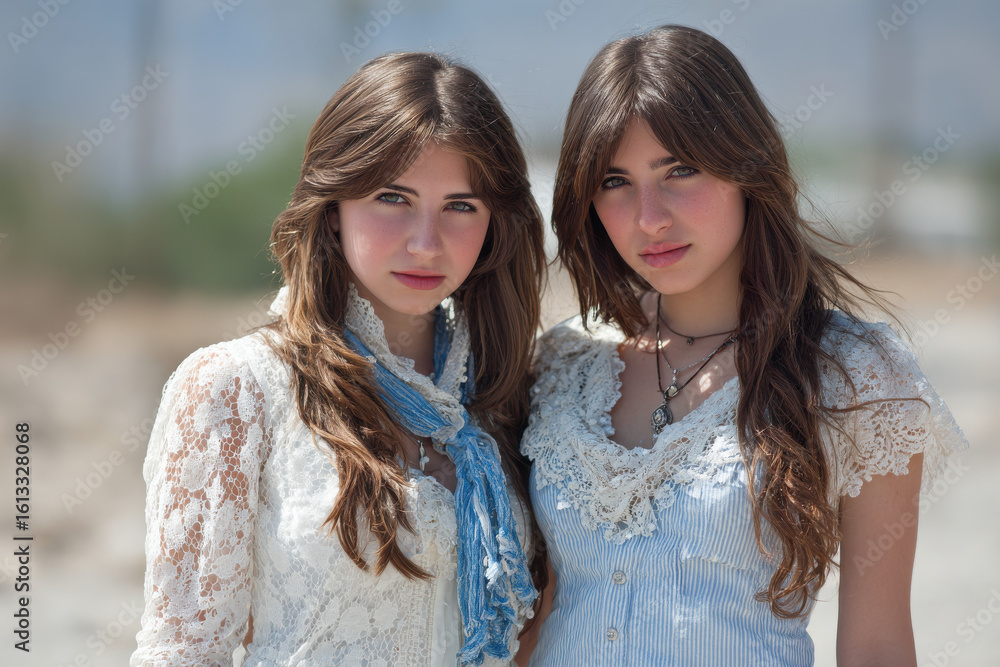 Fototapeta premium create captivating portrait of two matching models positioned outdoors under natural sunlight interplay of light