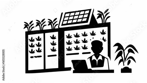 Silhouette of a person working on a laptop in a greenhouse with plants and solar panels on the roof top