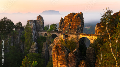 Wallpaper Mural Rock formation with the Bastei Bridge in Saxon Switzerland at sunrise with fog in the background. A well-known tourist destination in Germany. Torontodigital.ca
