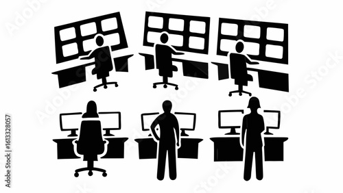 Illustration of people working at computers in a control room with multiple screen displays overhead silhouette