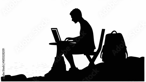 Silhouette of a person working on a laptop while sitting on a chair with a backpack next to them outside
