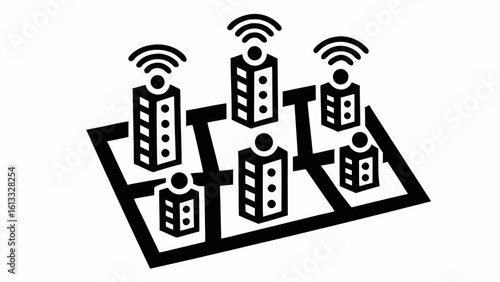 Isometric view of black buildings with wifi signals on a grid network infrastructure layout design silhouette