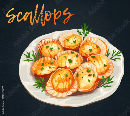 Cartoon vector illustration of scallops on a white plate icon isolated on black chalkboard. Seafood scallops plump and seared, with a golden brown crust design. A sprig of fresh parsley