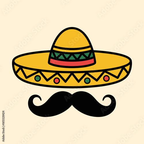 Mexican Sombrero Hat with Mustache Cartoon Style