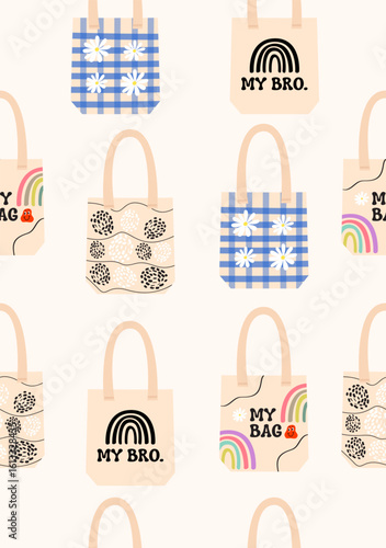 Shopper bag pattern on a pink background.