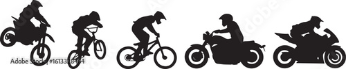 Black silhouettes of motorcyclists and cyclists in action motorcycle motorbike
