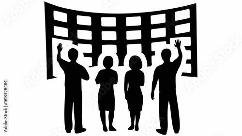 Silhouette of four people standing in front of a window waving their hands in the air cheerfully