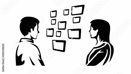 Illustration of a man and woman looking at a wall with multiple frames in a gallery setting art exhibit silhouette