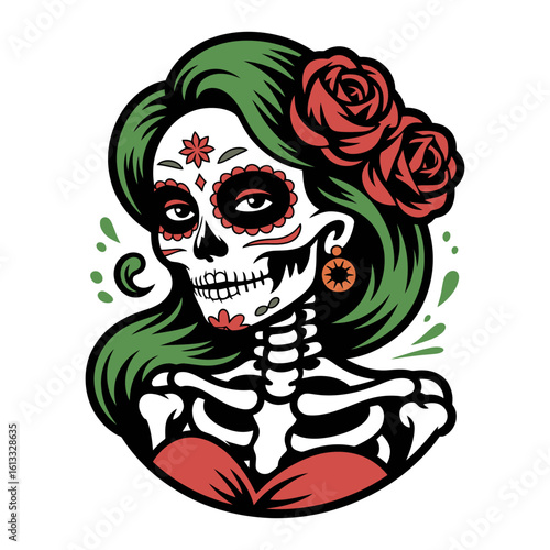 Beautiful Sugar Skull Woman with Roses Illustration