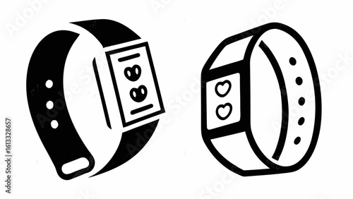 Two fitness trackers with different display information showing health data in black and white style silhouette