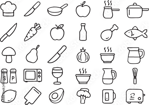Kitchenware and food icons black line art chef hat knife