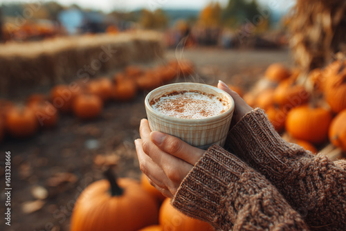 Fototapeta Naklejka Na Ścianę i Meble -  Close-up of a pair of hands holding a steaming mug of pumpkin spice latte outdoors, with a blurred background of carved pumpkins, hay, and fallen leaves