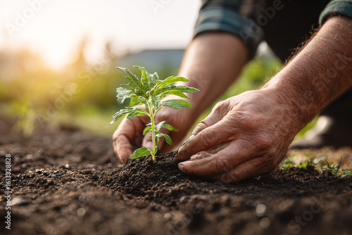 Close-up of hands gently planting a seedling in moist garden soil, morning light casting shadows