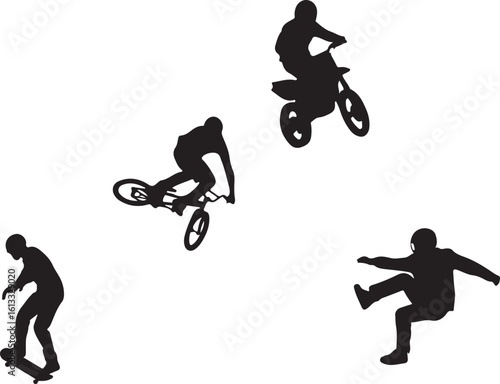 Black silhouettes of athletes performing extreme sports stunts motocross skateboarding