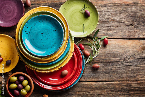 Colorful ceramic plates arranged on a rustic wooden table, shot from above, surrounded by scattered olives and herbs