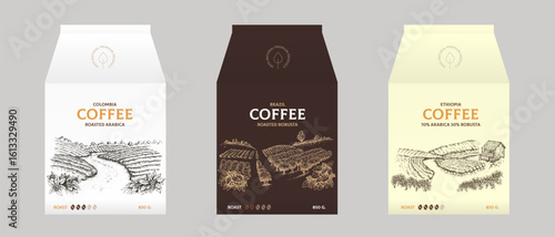 Set vector design templates for design coffee package. Collection mockup for branding drink product with hand draw illustration.