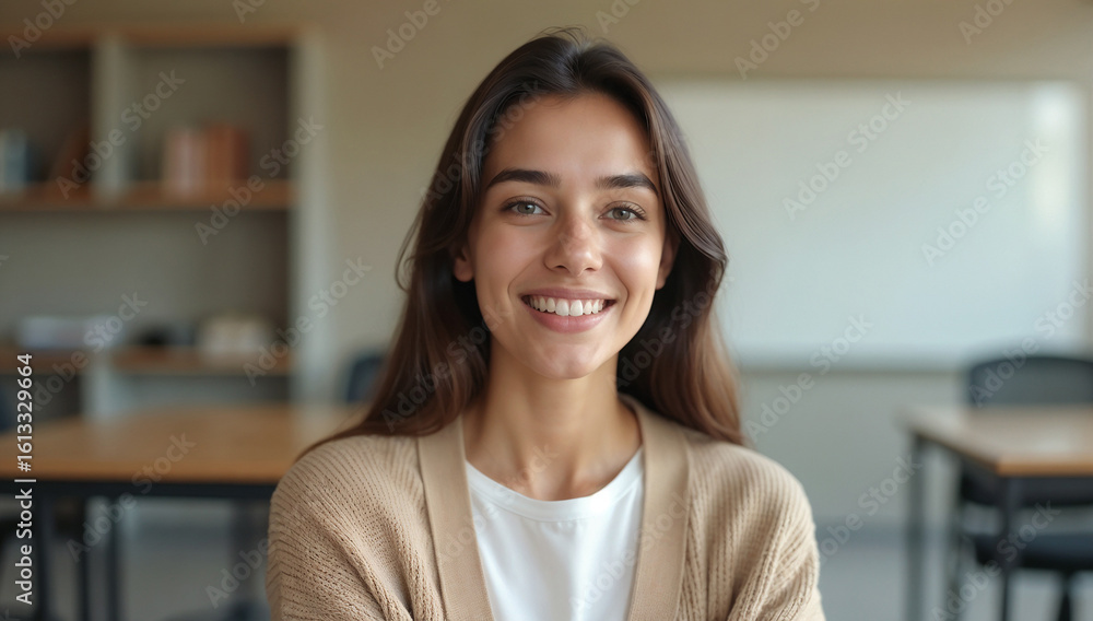 A young, smiling businesswoman in her 20s, with a cheerful face, sitting indoors in an office, brown hair brown eyes smile woman beige knit sweater simple background A young, smiling businesswoman in her 20s, with a cheerful face, sitting indoors in an office, brown hair brown eyes smile woman beige knit sweater simple background