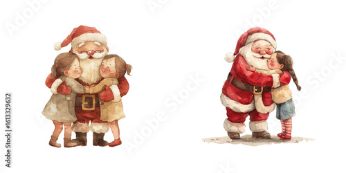 santa claus hugging kids watercolor vector illustration