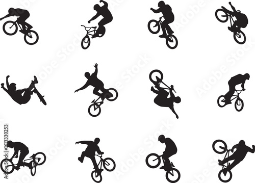 Black silhouettes of cyclists performing dynamic bicycle stunts freestyle action