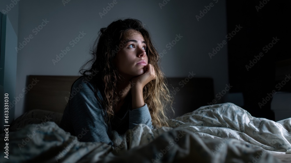 Fototapeta premium Young woman with long, wavy hair sits on bed, staring thoughtfully at ceiling in dimly lit room. She appears contemplative and lost in her thoughts, surrounded by crumpled bedding