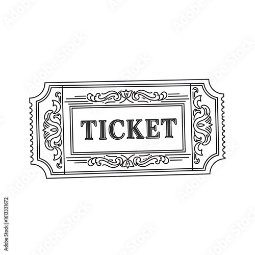 Ornate vintage ticket stub design, elegant black and white illustration.