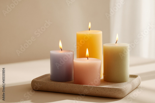 Wallpaper Mural Set of minimalist pastel candles lit on a neutral stone tray, soft warm light and clean background Torontodigital.ca