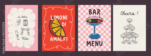 Whimsical hand drawn cocktails poster and menu template in trendy whimsical style. Perfect doodle for quirky italian dinner  restaurant and cafe, kitchen wall art, poster,  party, birthday, sign