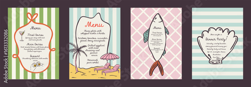 Set of summer exotic vacation whimsical hand-drawn frames with palm and sea, bow aesthetic in trendy, vintage styles. Perfect for quirky holiday, wedding, birthday gift decorations