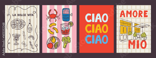 Whimsical hand drawn summer poster and postcard template in trendy hand drawn style. Perfect doodle for greece italian  restaurant and cafe, kitchen wall art, poster, party, birthday, sign
