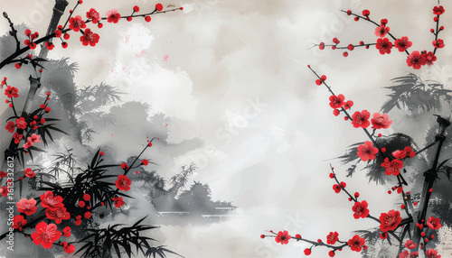 Classic East Asian Cherry Blossom and Bamboo Floral Ink Art on Traditional Rice Paper Texture Vertical Composition