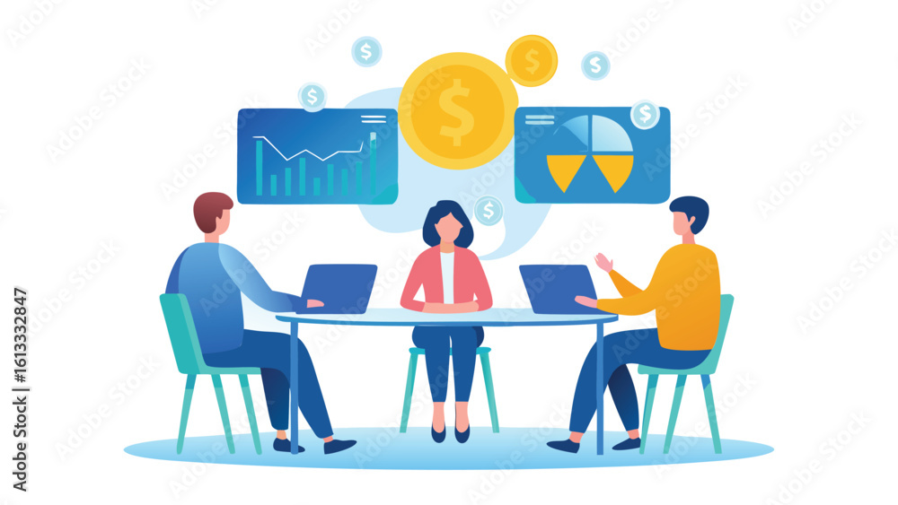 Business meeting with charts and dollar coins showing financial growth and collaboration in the office Business meeting with charts and dollar coins showing financial growth and collaboration in the office