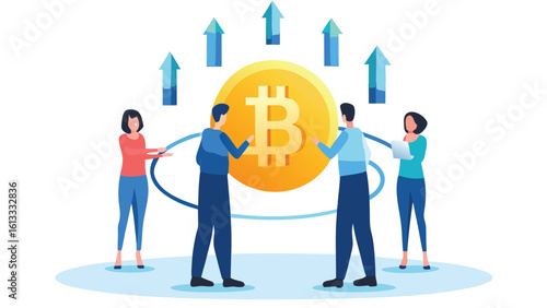 People surrounding bitcoin with arrows pointing up indicating growth and investment opportunity