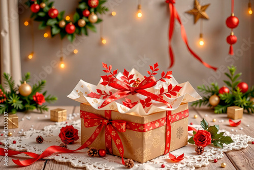 Festively wrapped gift box with red ribbon and holiday decorations  