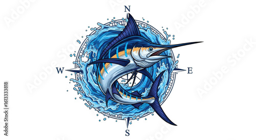 Powerful blue marlin leaping through a dynamic water splash with spray and droplets isolated on transparent background