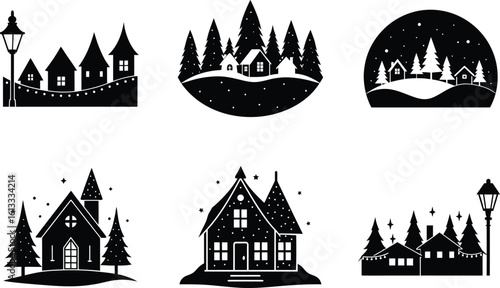 Christmas village vector illustration black silhouette here white color is the transparent, background color
