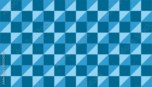 Seamless blue geometric pattern with diagonal checkerboard effect made from triangles and squares