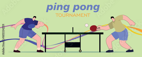 Two men playing table tennis, simple background, banner for ping pong tournament, illustration flat style banner design. Training racket sport, tennis club, hobby, active recreation