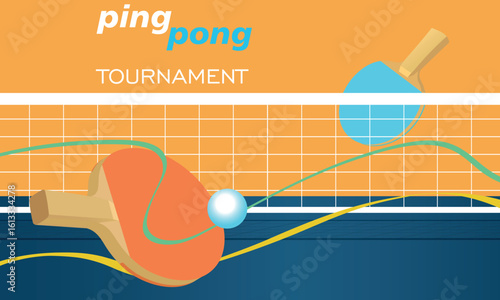Ping pong tournament poster, table, rackets, net, banner design flat style. Vector illustration table tennis championship, racket sport training, tennis club, sport hobby, activity