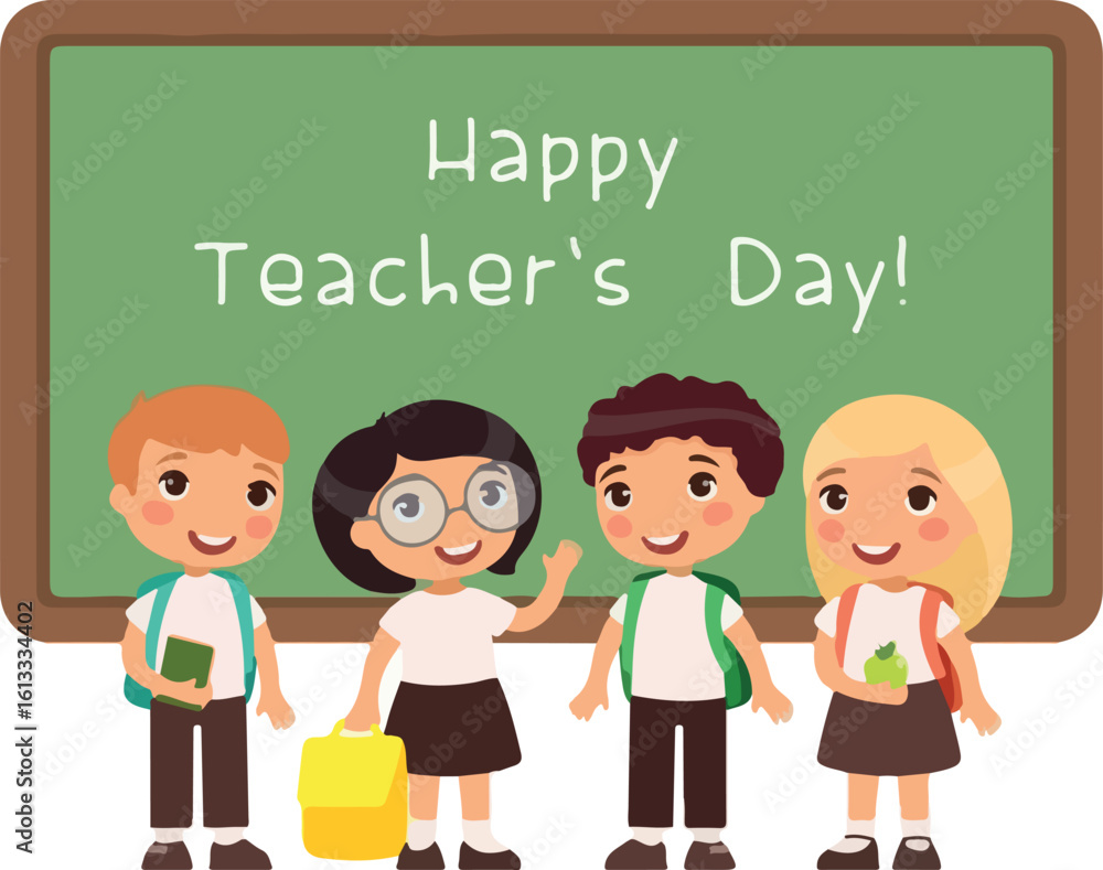 Happy teachers day greeting flat vector illustration. Smiling pupils standing near blackboard in classroom cartoon character. Schoolkids congratulate teachers. Educational holiday celebration Happy teachers day greeting flat vector illustration. Smiling pupils standing near blackboard in classroom cartoon character. Schoolkids congratulate teachers. Educational holiday celebration