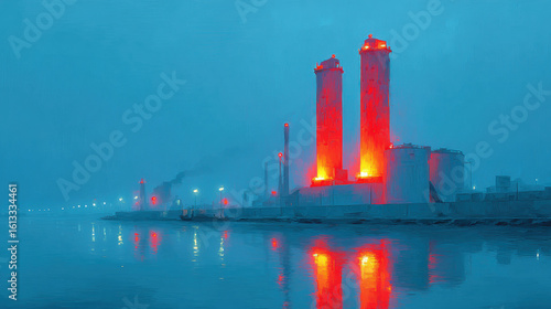 A steel factory illuminated at night with glowing orange lights, creating a dramatic industrial scene.