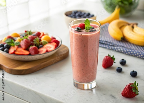 Vibrant overhead shot of a fresh fruit smoothie made with goat milk showing colorful ingredients in a clear glass, ideal for healthy lifestyle and nutritious beverage marketing