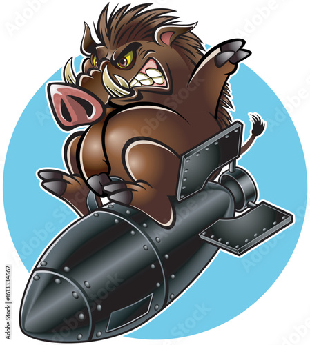 Cartoon style wild boar riding on a falling air bomb 