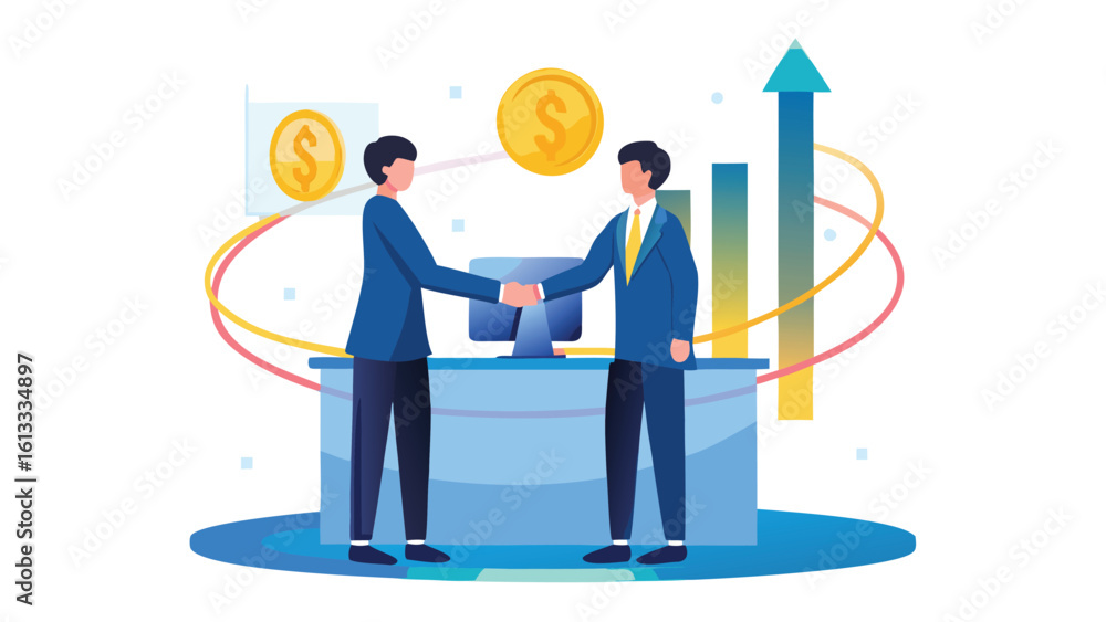 Two businessmen shaking hands in agreement with financial growth charts in the background view Two businessmen shaking hands in agreement with financial growth charts in the background view