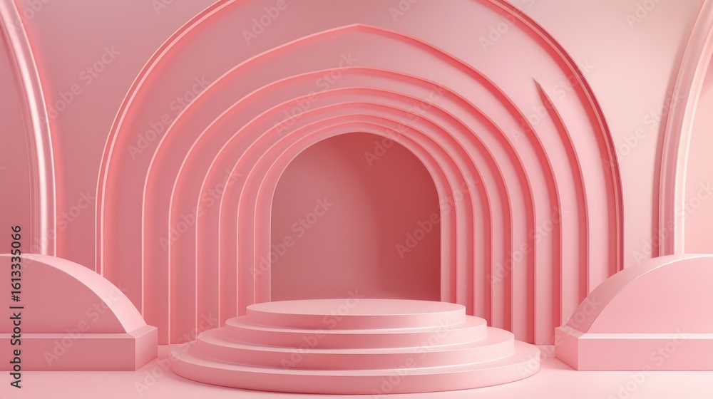 Fototapeta premium Geometrical forms, podium arch, minimal background, pink background. 3D rendering.