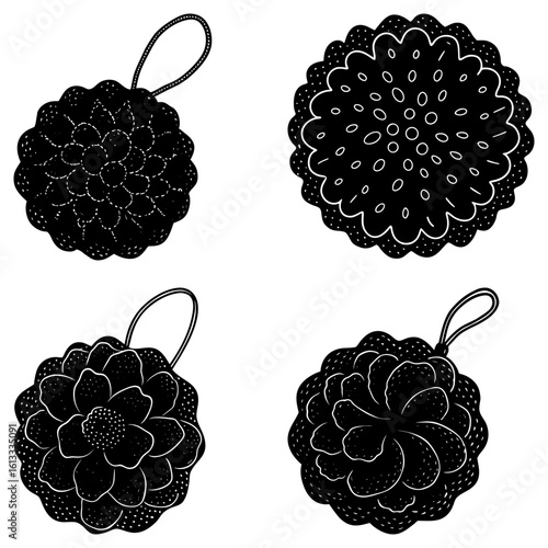 Illustration showcasing four unique black bath sponges with hanging loops on a white background design