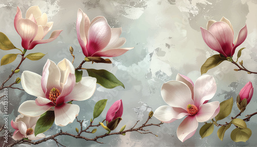 Classic East Asian Cherry Blossom and Bamboo Floral Ink Art on Traditional Rice Paper Texture Vertical Composition