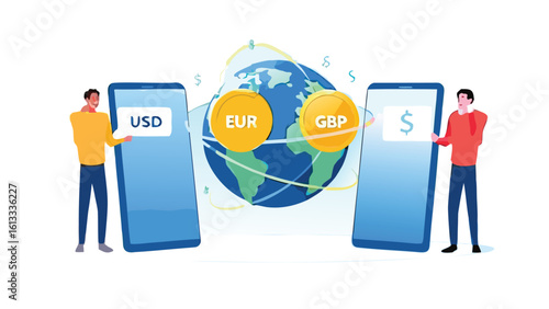 Illustration of global currency exchange with phones showing usd eur and gbp symbols and two people