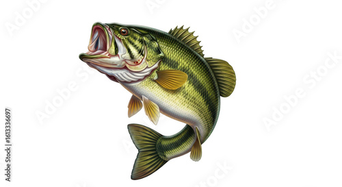 A large green and yellow striped largemouth bass fish leaping out of the water with its mouth open isolated on transparent background